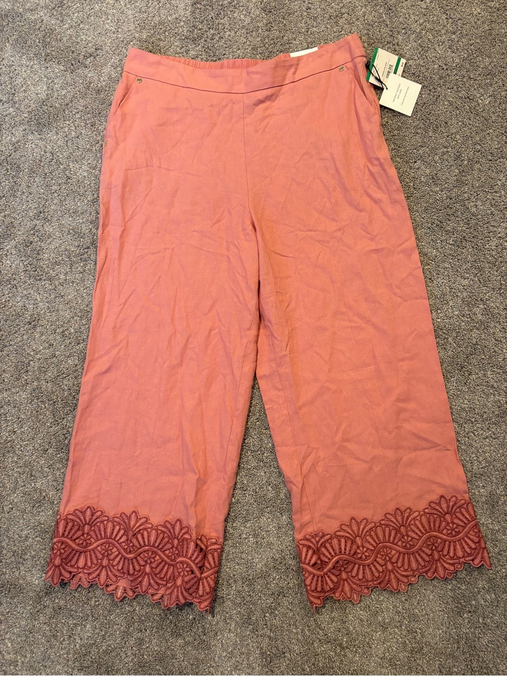 NWT Anne Klein Women’s Pink Linen Pants Embroidered Elastic Waist Large Summer